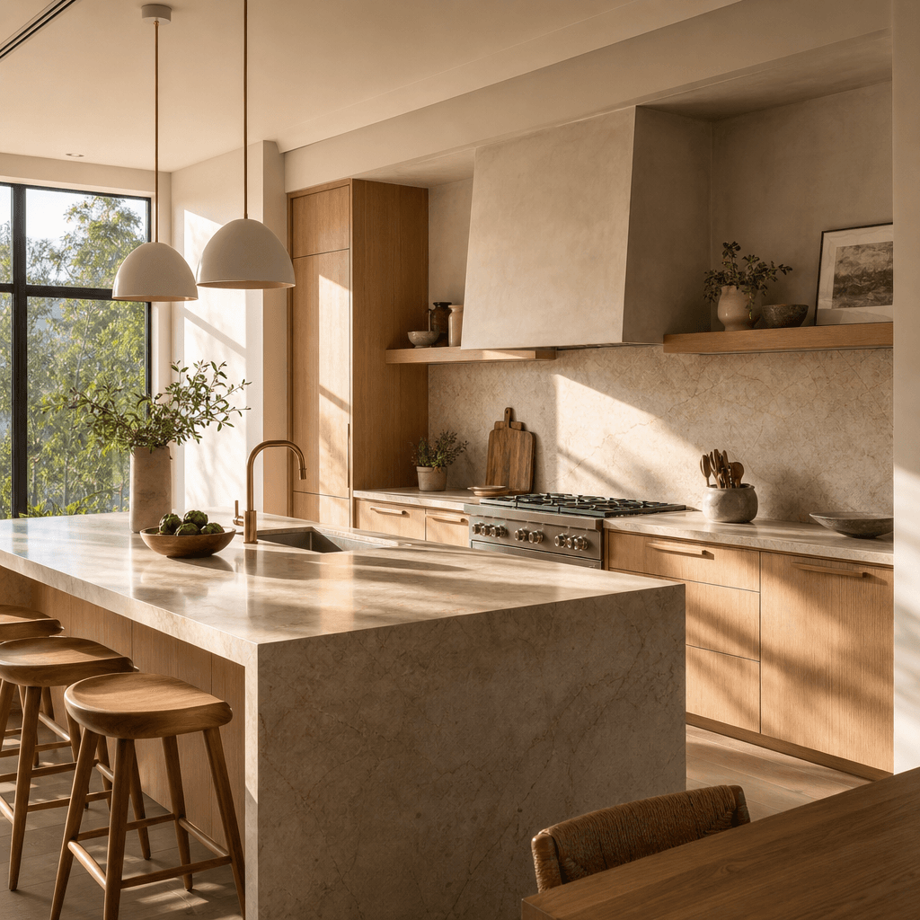Architectural interior shot of a modern family kitchen, soft morning light through large windows casting long gentle sha
