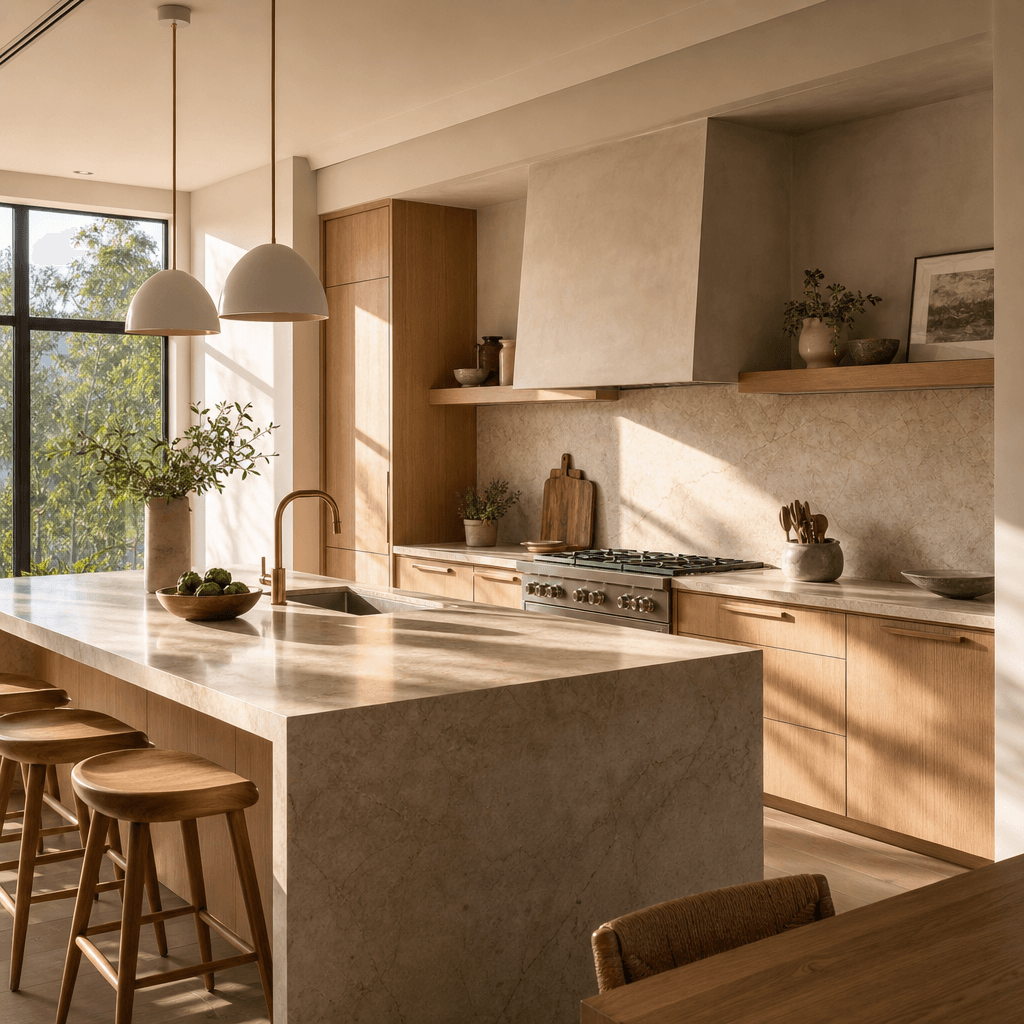 Architectural interior shot of a modern family kitchen, soft morning light through large windows casting long gentle sha