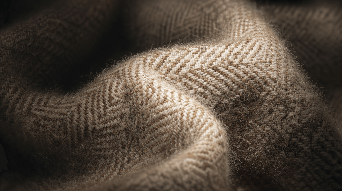 Extreme close-up of luxury woven fabric texture — fine cashmere or herringbone tweed — lit with dramatic raking light th