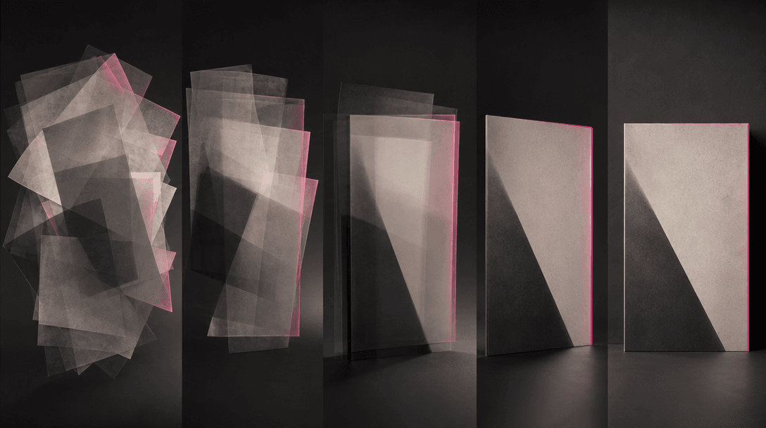 A sequence of layered translucent paper sheets progressively aligning into one precise cover-shaped composition, capture