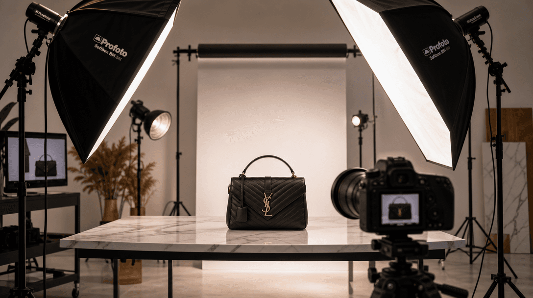 Studio lighting setup with soft boxes, perfect product illumination, shadow play on luxury materials, professional photo