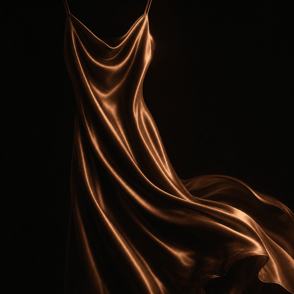 Silk evening dress rendered in soft diffused light against a near-black background, a subtle warm rim light catching the