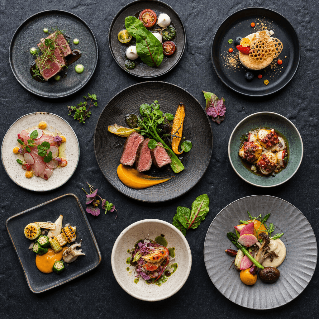 Overhead flatlay of artfully arranged tasting menu dishes on dark slate. Multiple small plates with vibrant ingredients,