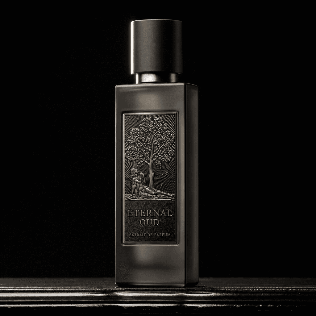 A tall dark frosted-glass perfume bottle standing upright on a dark lacquered bench surface, specular highlight running