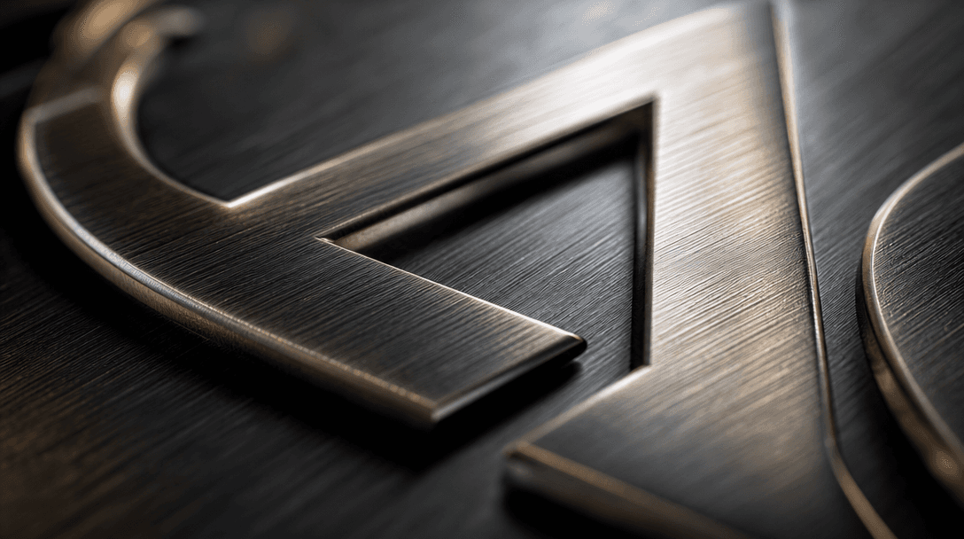 Close-up macro detail of logo texture: brushed metal grain pattern with depth of field and cinematic lighting