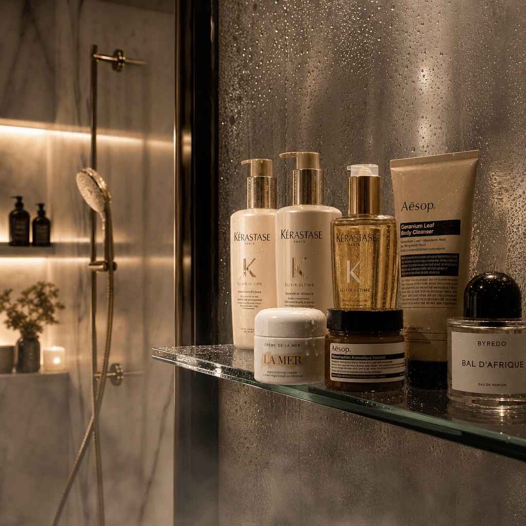Luxury bathroom shower scene with multiple beauty products arranged on glass shelf, steam and condensation visible, warm