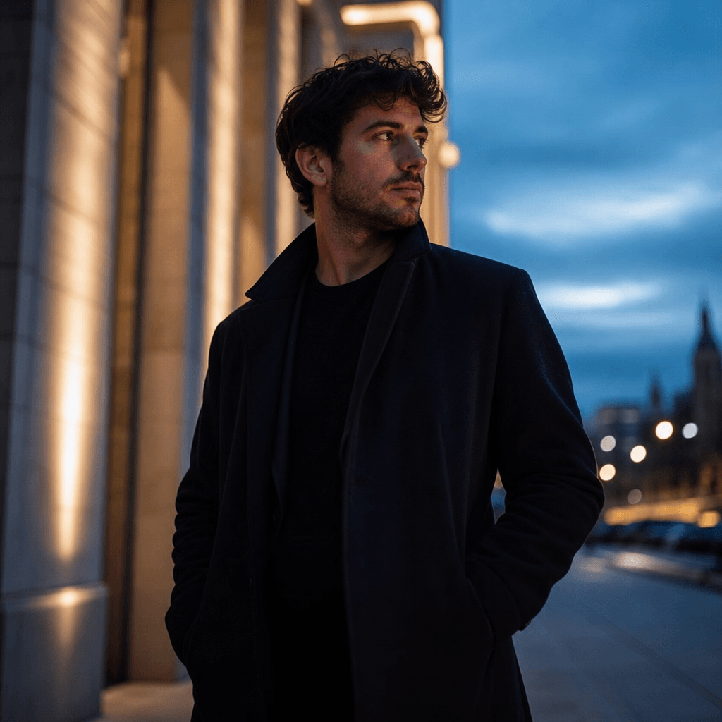Square outdoor male lifestyle portrait at blue hour, anonymous adult subject in a dark overcoat standing beneath archite