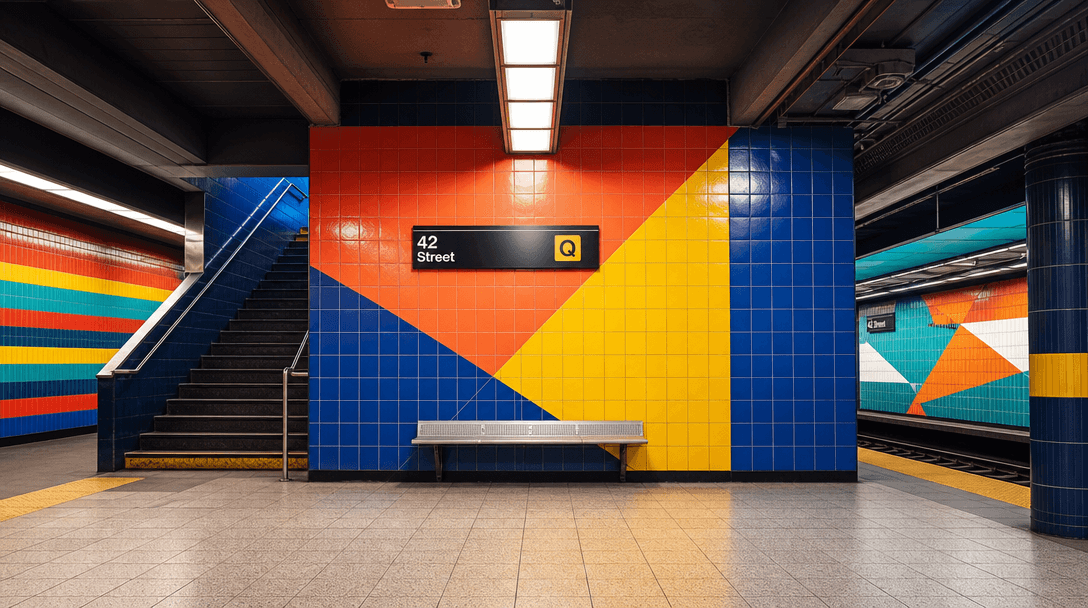 Vibrant subway station tiled walls and urban architecture. Geometric patterns and bright colors. Underground transit aes