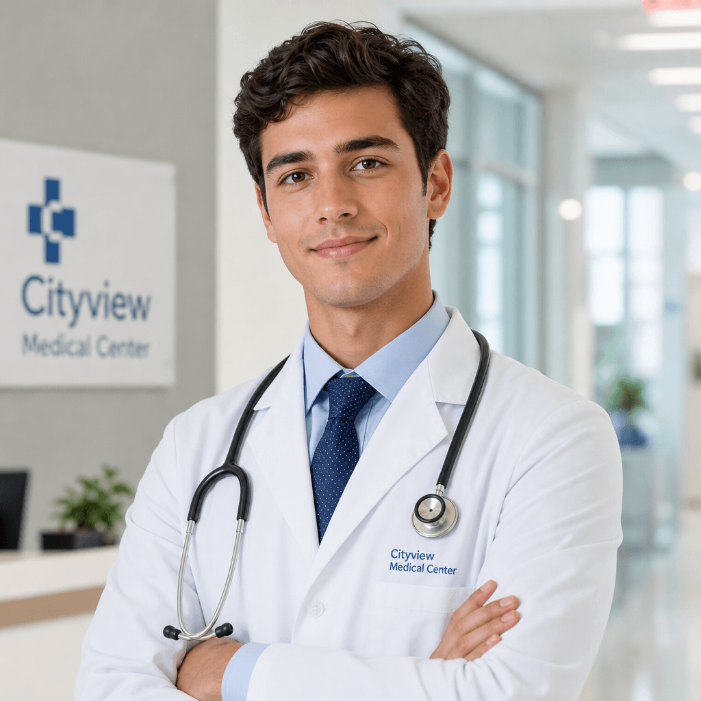 Young person as a doctor in professional white coat and stethoscope, modern hospital clinic setting, professional headsh
