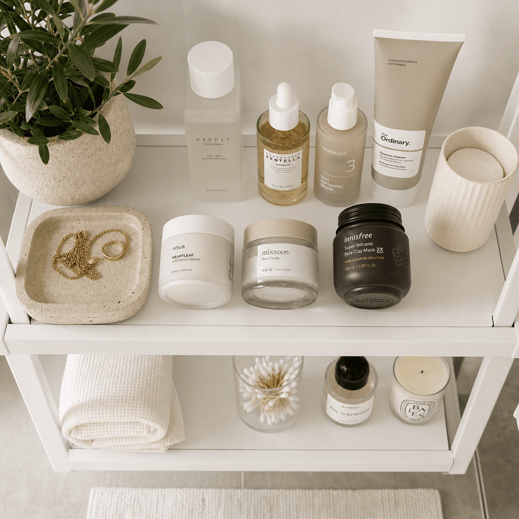 Top-down view of beauty products arranged on white minimalist bathroom shelf. Skincare bottles and jars neatly organized