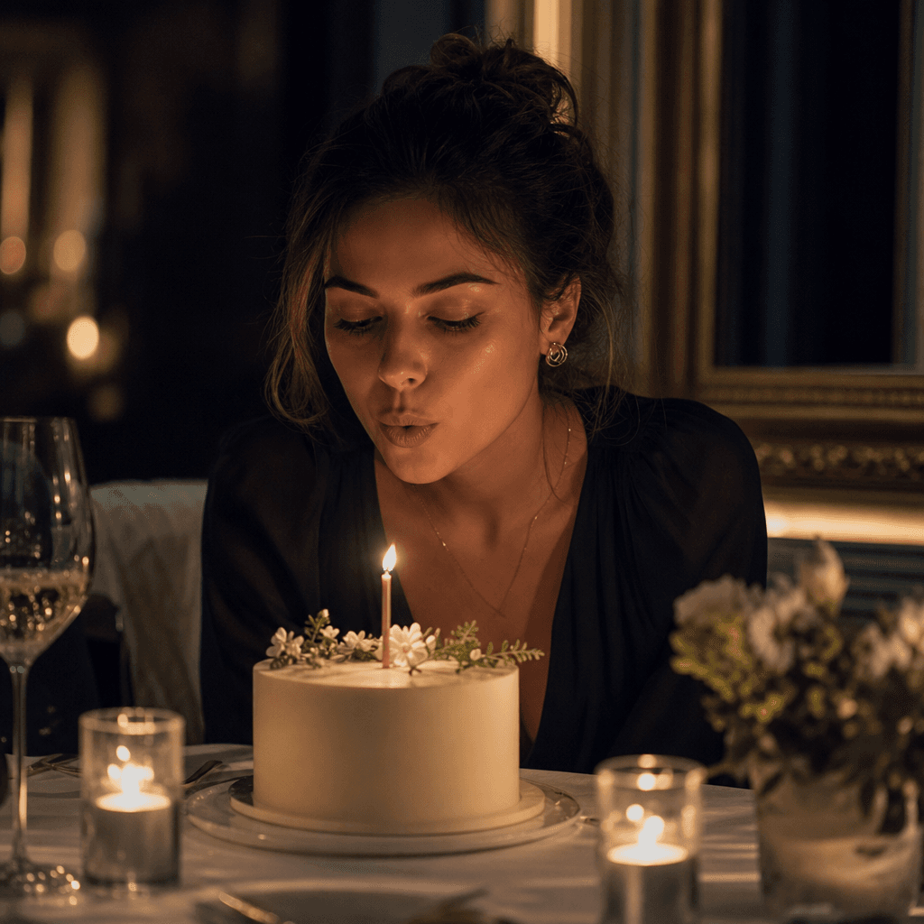 An intimate birthday portrait in a candlelit dining setting, subject leaning toward a minimalist cake, warm flame light