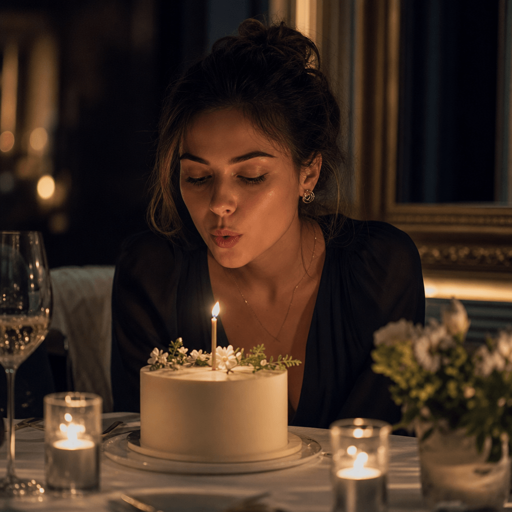 An intimate birthday portrait in a candlelit dining setting, subject leaning toward a minimalist cake, warm flame light