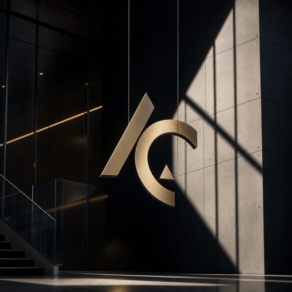 Abstract brand logo suspended in architectural space—modern glass and steel interior with sharp shadows. Minimalist comp