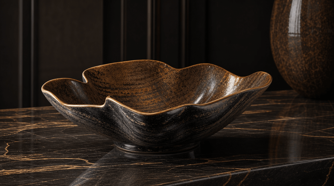 Photorealistic AI-generated home decor lifestyle hero scene: a sculptural decorative ceramic bowl resting on polished da
