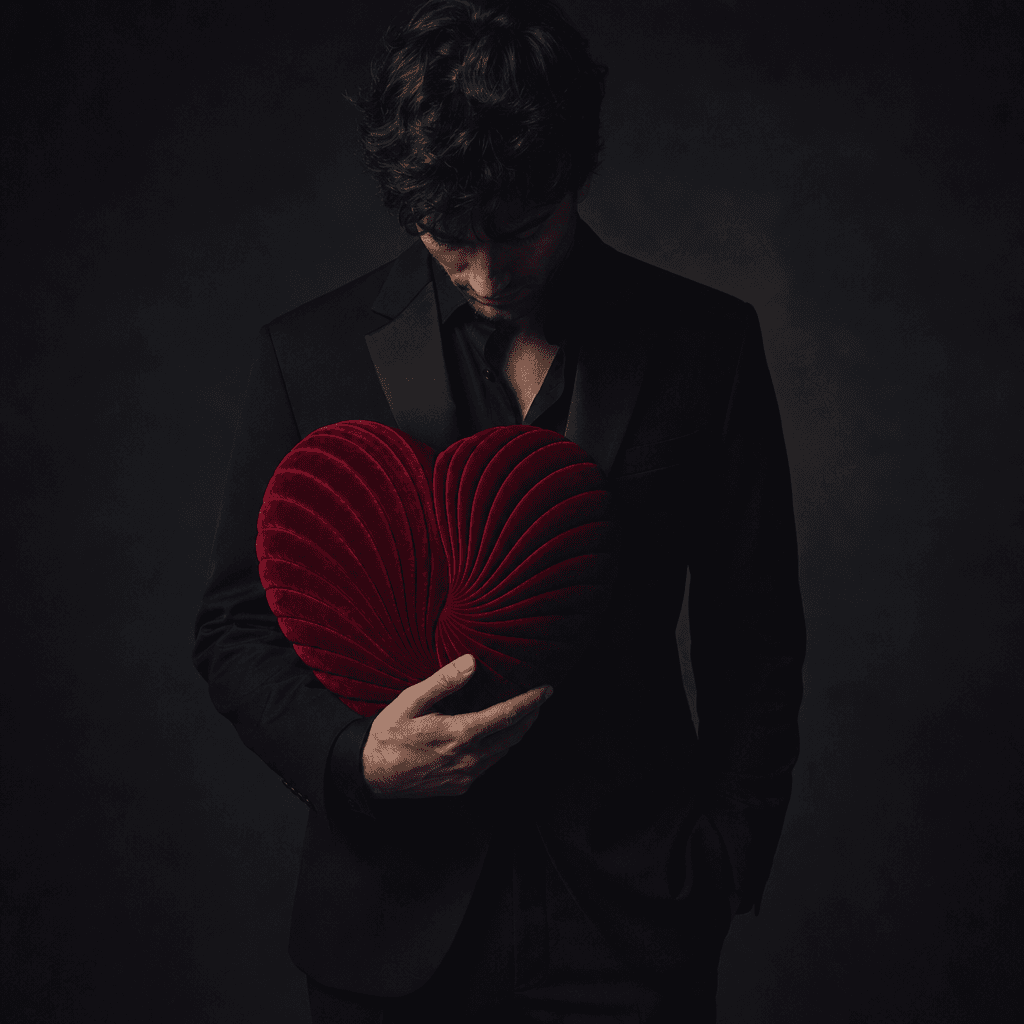 Anonymous man in a tailored black outfit holding a sculptural crimson heart cushion against a near-black backdrop, moody