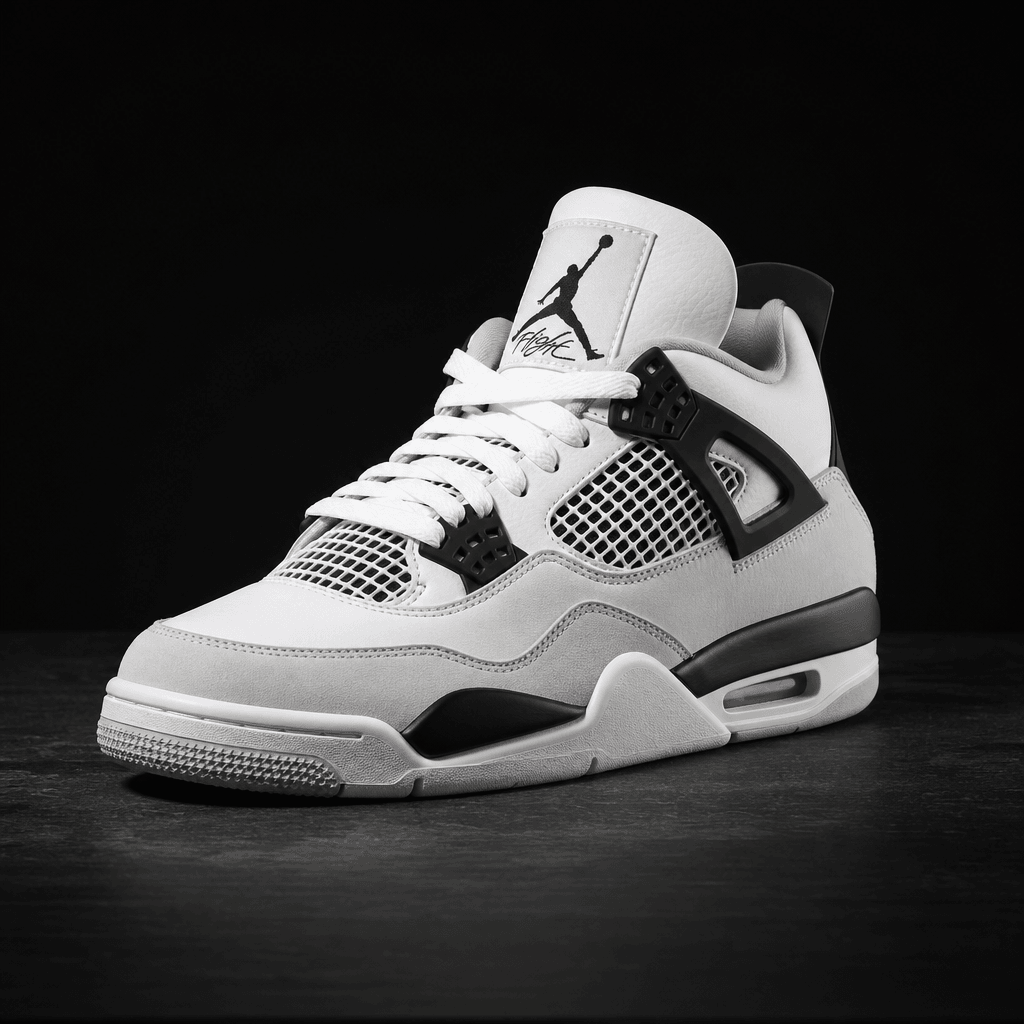 Premium sneaker shoe displayed on dark surface, editorial product photography, studio lighting, crisp shadow, profession