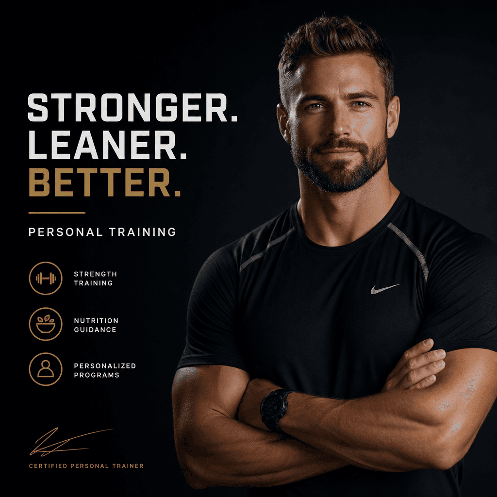 Professional personal trainer in polished athletic wear against dark moody background. Confident expression, strategic a