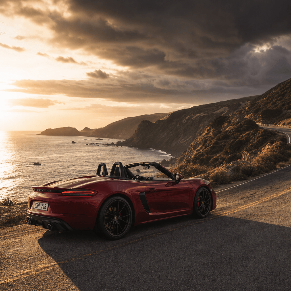 A deep-red open-top sports convertible parked on a winding coastal cliff road at golden hour, dramatic storm clouds gath