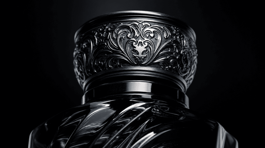 Dark editorial macro product texture study: polished dark glass and embossed metal cap of a luxury bottle illuminated by