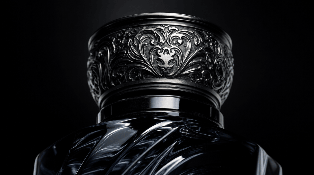 Dark editorial macro product texture study: polished dark glass and embossed metal cap of a luxury bottle illuminated by