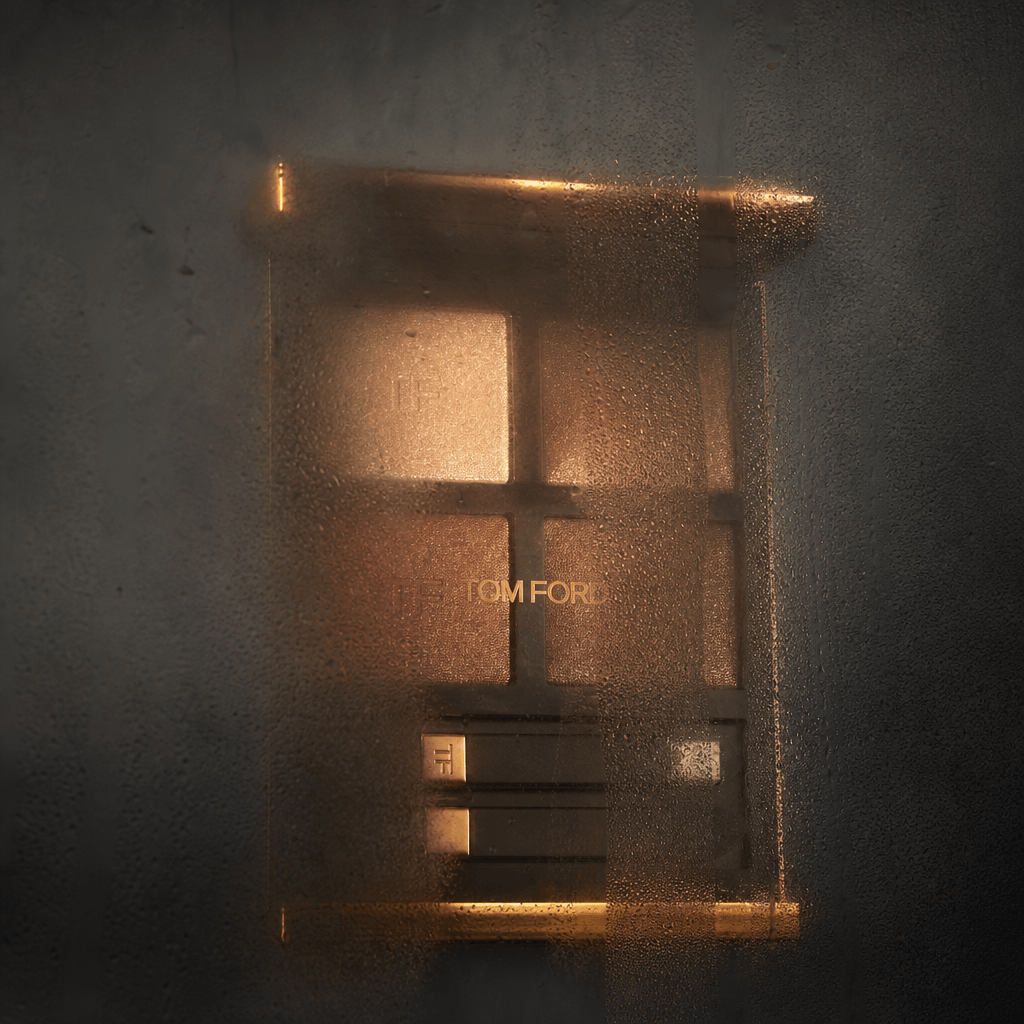 Luxury cosmetics palette behind frosted glass with fog and steam droplets, dark moody background, 1:1 square, cinematic