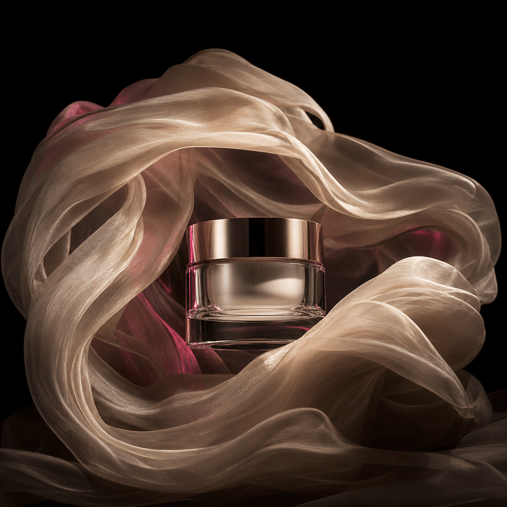 A premium skincare jar surrounded by a rolling wave of translucent cream-colored fabric, dark editorial beauty campaign,
