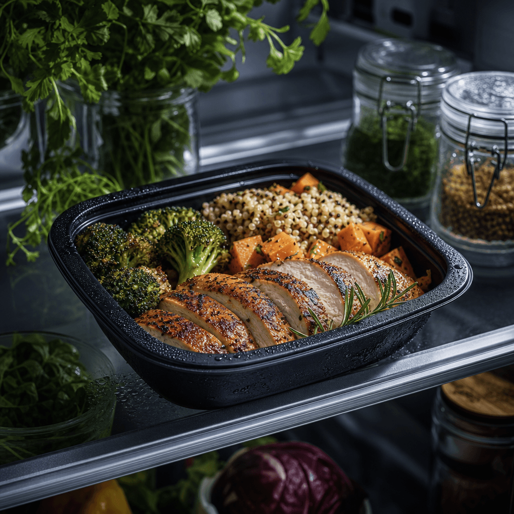 A premium meal container presented on a refrigerator shelf with fresh herbs, glass jars, and controlled beads of condens