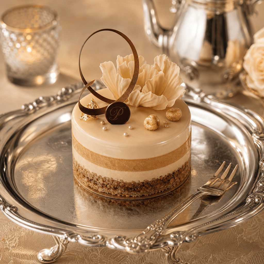 Dessert on silver tray. Beautiful pastry or confection artfully presented on elegant silver serving piece. Warm soft lig