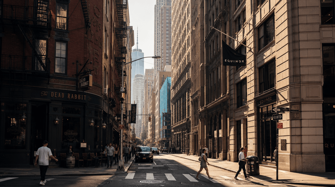 Urban street scene. Architectural details, building facades, shadows on pavement, texture of city. Natural daylight stre