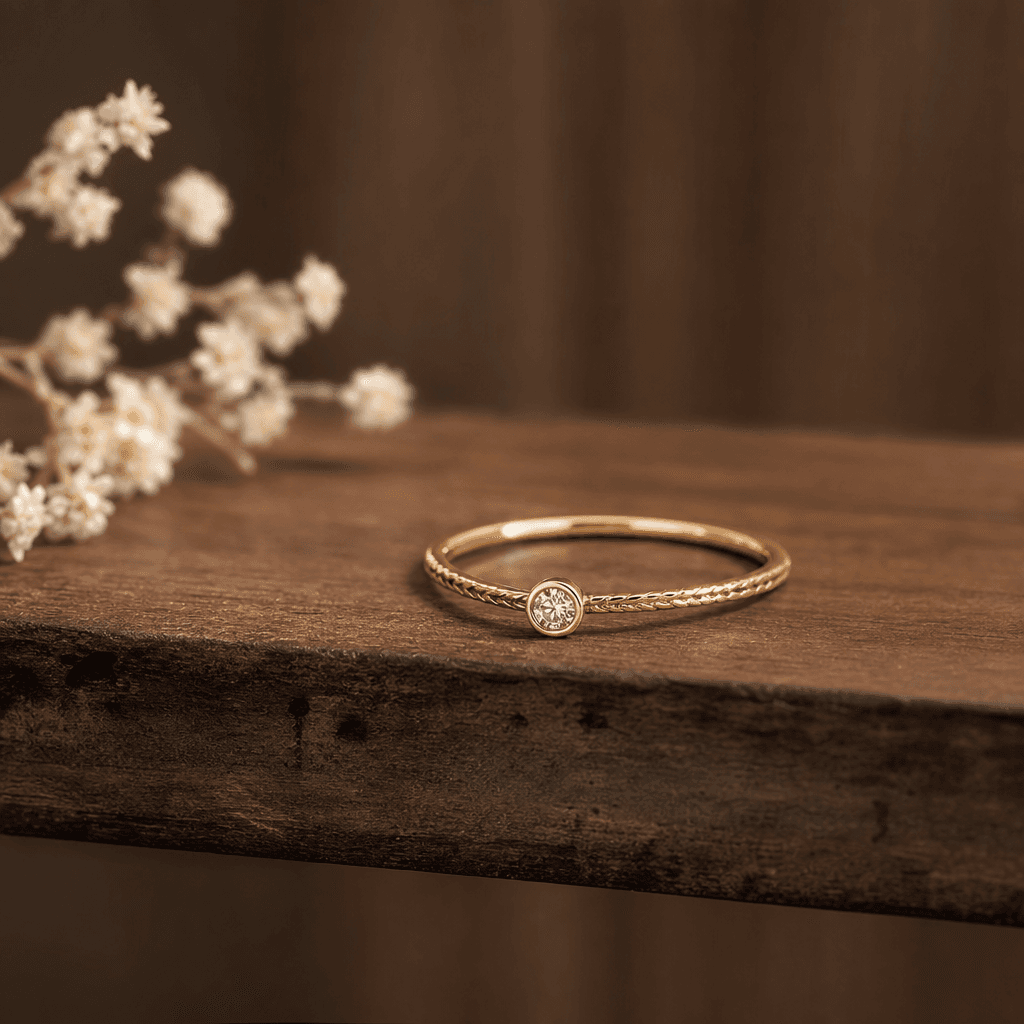 Gold ring or delicate necklace displayed on rustic wood shelf, shallow depth of field, warm studio lighting, elegant jew