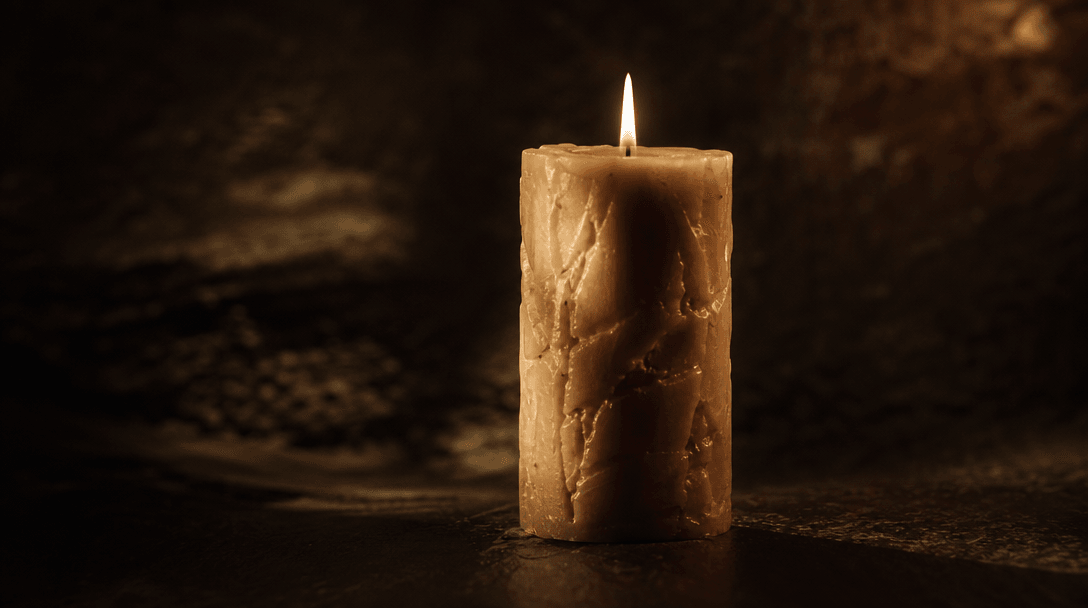 Smooth motion around a stationary candle in dramatic studio lighting. Shadows dance across wax texture as if hand-lit fr