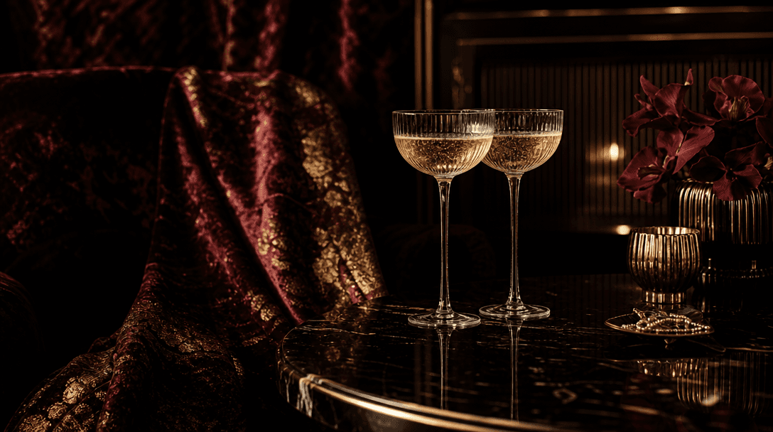 Rich velvet fabric with gold accents, champagne glass reflections, moody luxury interior lighting, dark editorial aesthe