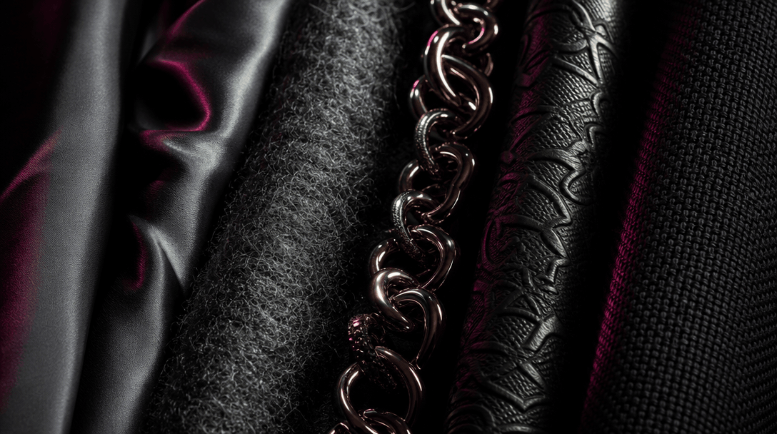Extreme macro landscape of fashion materials arranged in parallel: satin folds, brushed wool, polished metal jewelry, em
