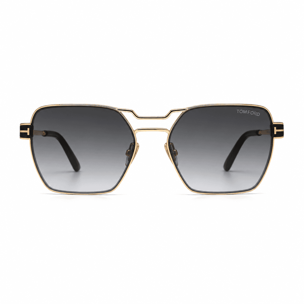 Designer sunglasses isolated on pristine white background, professional studio lighting, luxury brand aesthetic, product