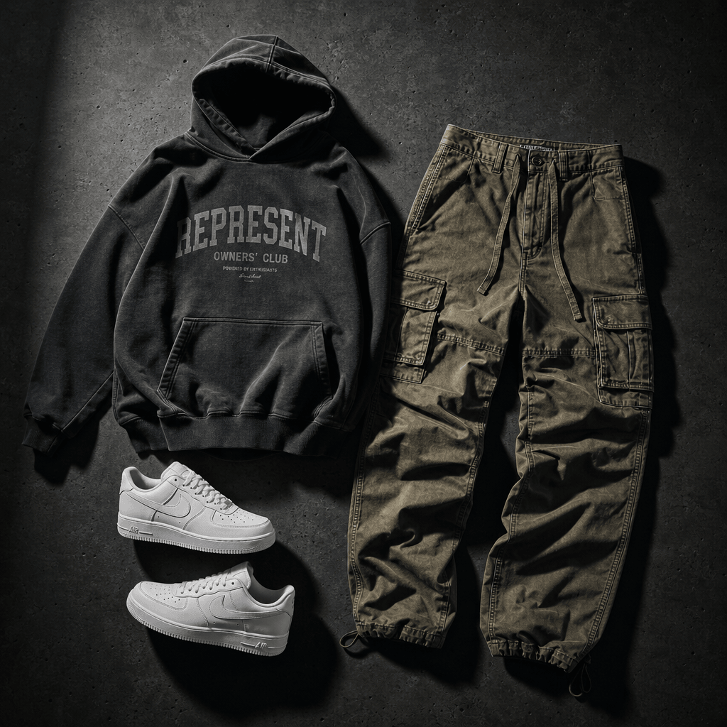 Overhead flatlay of coordinated streetwear — a heavyweight hooded sweatshirt, relaxed cargo trousers, and clean white tr