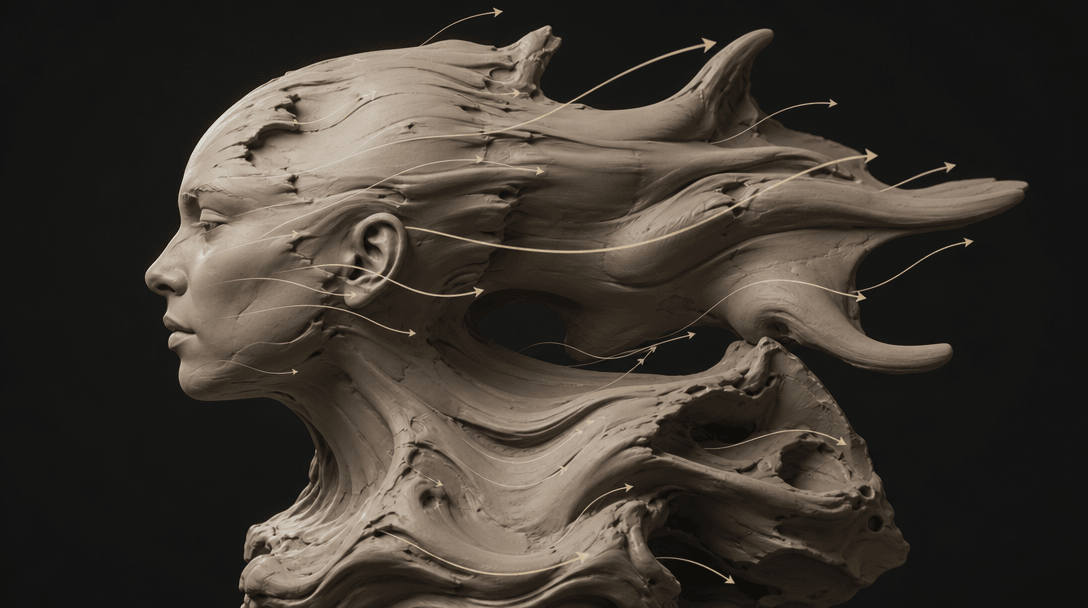 Abstract 3D digital sculpting visualization. Clay-like material morphing and reshaping, with soft studio lighting reveal