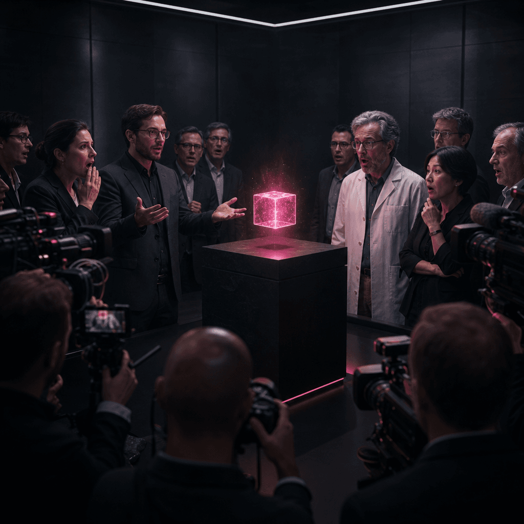 A fictional press conference about a tiny glowing cube hovering above a black pedestal, surrounded by astonished generic