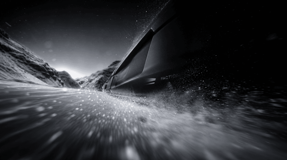 A low cinematic viewpoint racing inches above fresh snow, powder streaking past the lens as sculpted black product mater