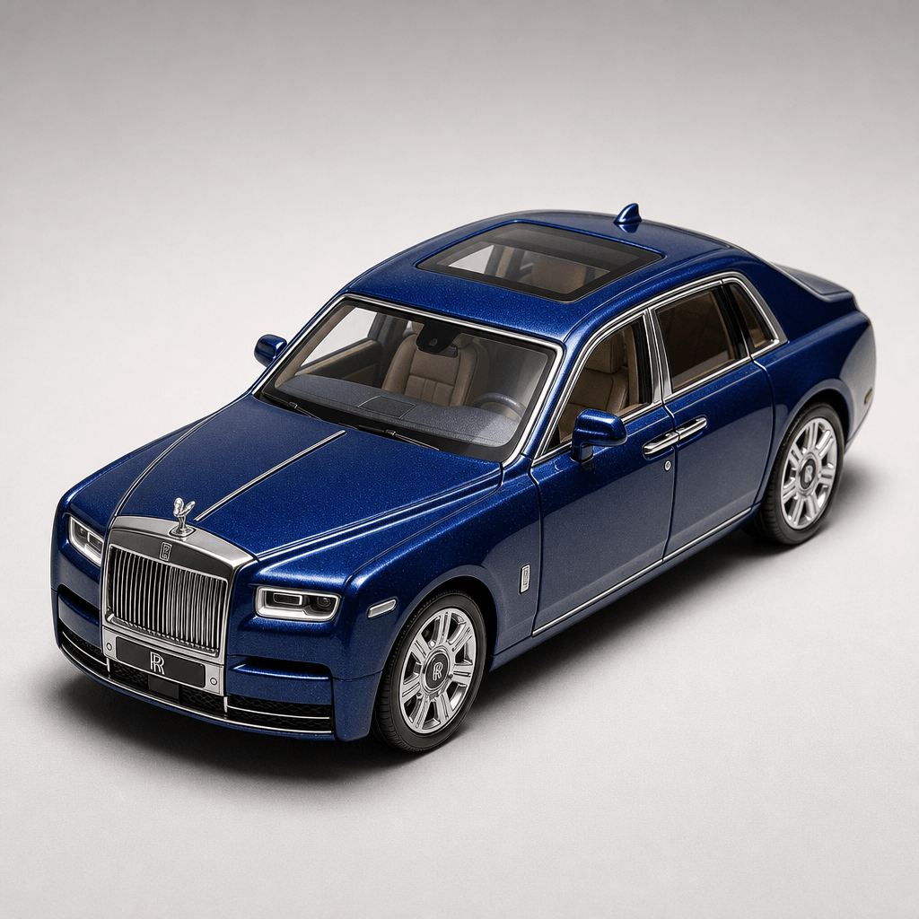 Pocket-sized luxury car model in isometric view, detailed chrome and paint, studio lighting with defined shadows