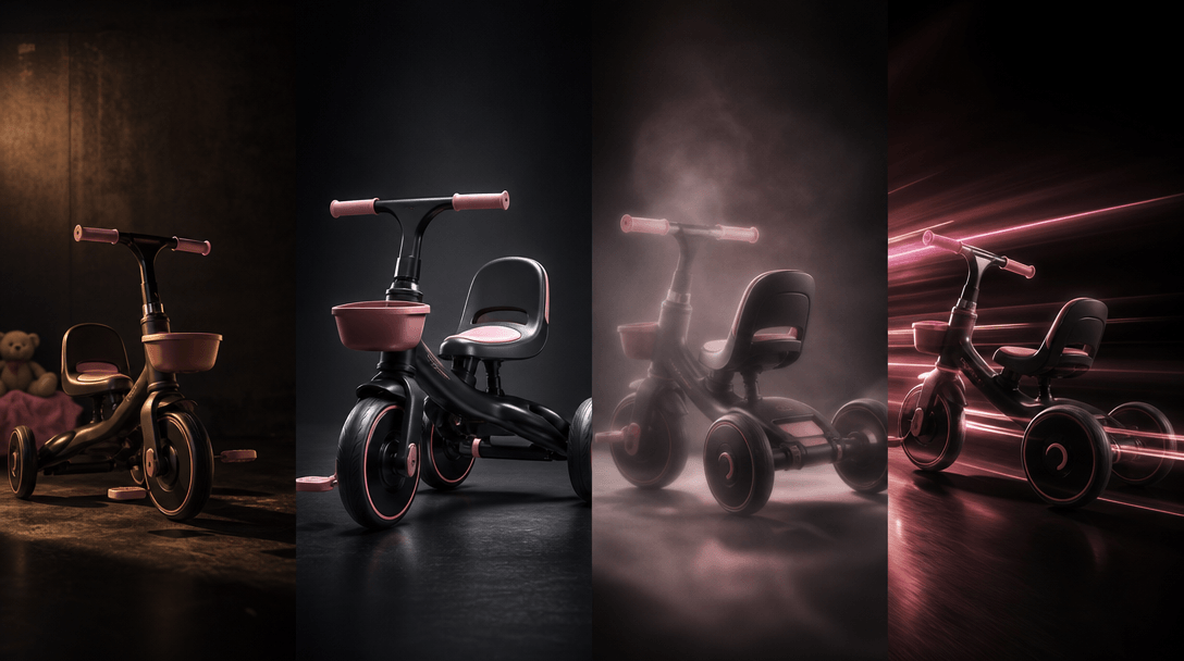 One children's product surrounded by four distinct cinematic lighting treatments blending across the same dark studio en