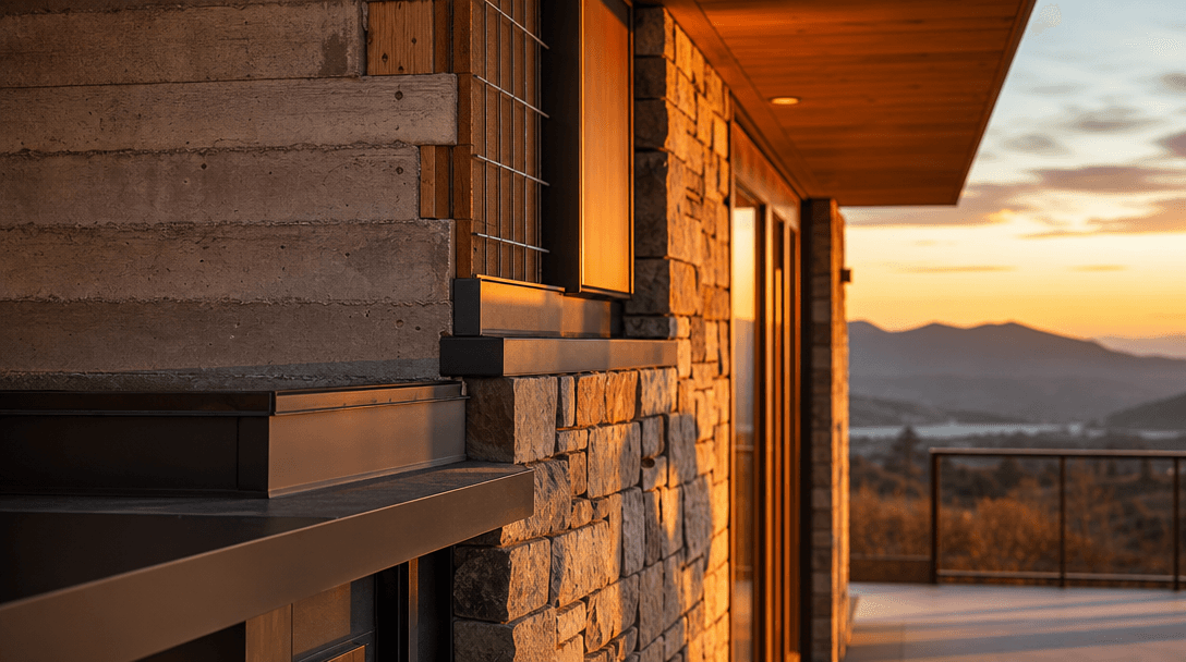 Golden hour architectural detail shot with warm soft light illuminating construction materials and finished surfaces, ri
