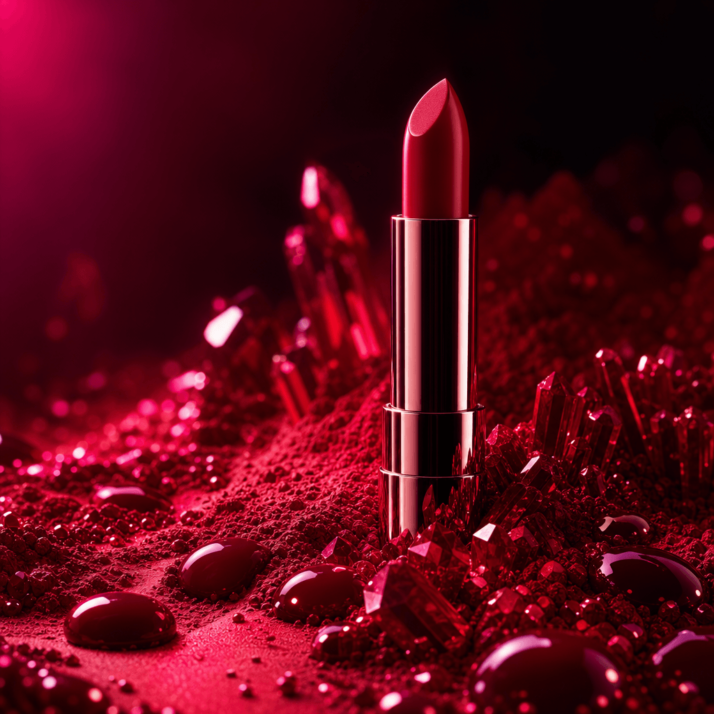 A metallic lipstick standing within an abstract pigment landscape made of microscopic red crystals, silky powder, and gl
