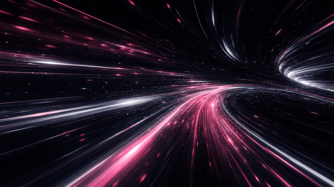 Abstract cinematic motion blur: long-exposure light trails streaking through deep space, arcing particle lines in white