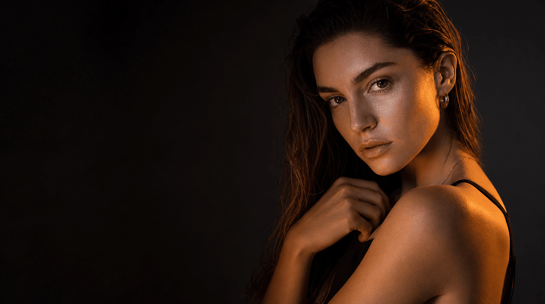 Professional photography lighting setup. Studio lights, soft modifiers creating dramatic shadows. Cold white and warm am