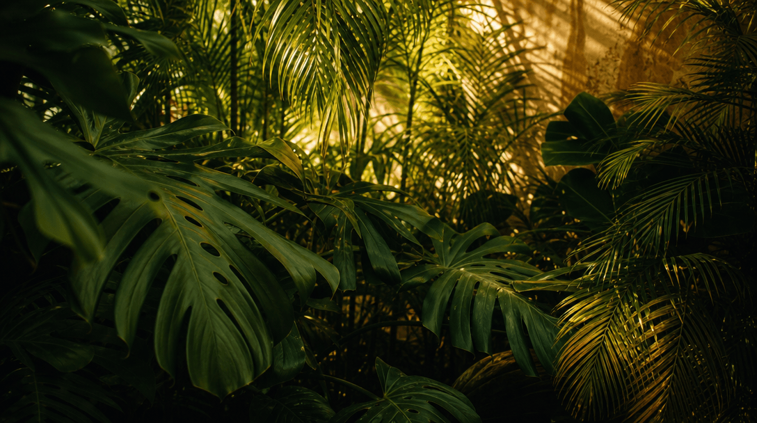 Rich tropical botanical backdrop — dense overlapping monstera and palm leaves, soft filtered golden light falling throug