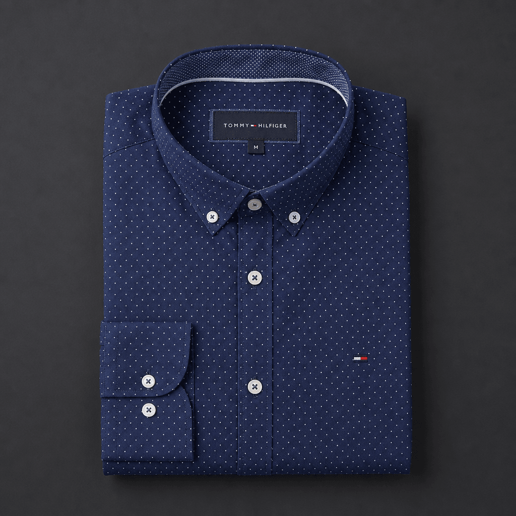 Clothing item neatly folded, professional product studio setup, clean dark background, catalog-quality lighting, fabric