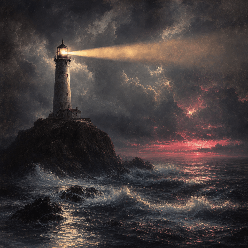 A poetic book illustration of a solitary lighthouse above a storm-dark sea, ribbons of warm light crossing textured clou