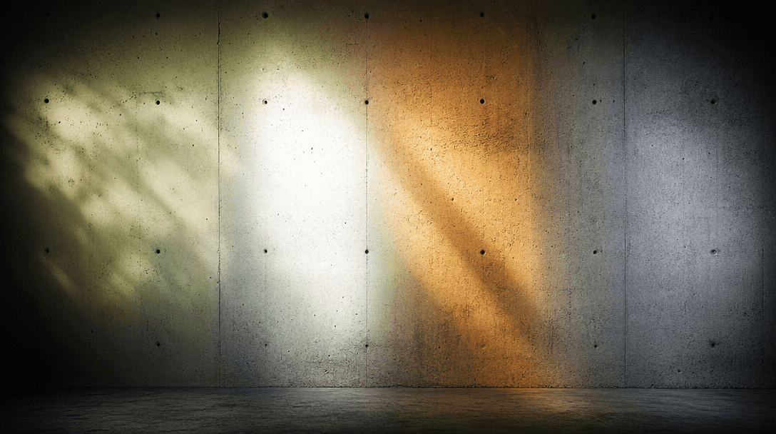 Abstract cinematic wide scene of natural light striking a raw concrete wall at four distinct seasonal qualities from lef