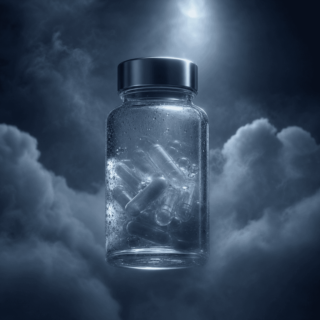 A translucent glass wellness bottle suspended inside pale blue-gray mist and feathered clouds, cool moonlit studio light