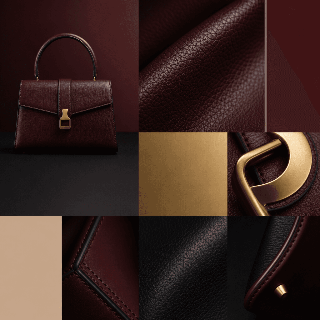 A statement handbag arranged as a square Pantone-inspired fashion collage, featuring the full bag, macro leather grain,